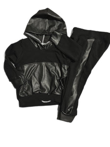 Black/Black Pleather Hoodie